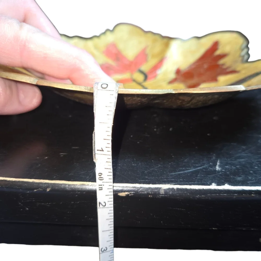 Vintage India‎ Made Floral Enamel On Brass Leaf Shaped Bowl Dish 8.5